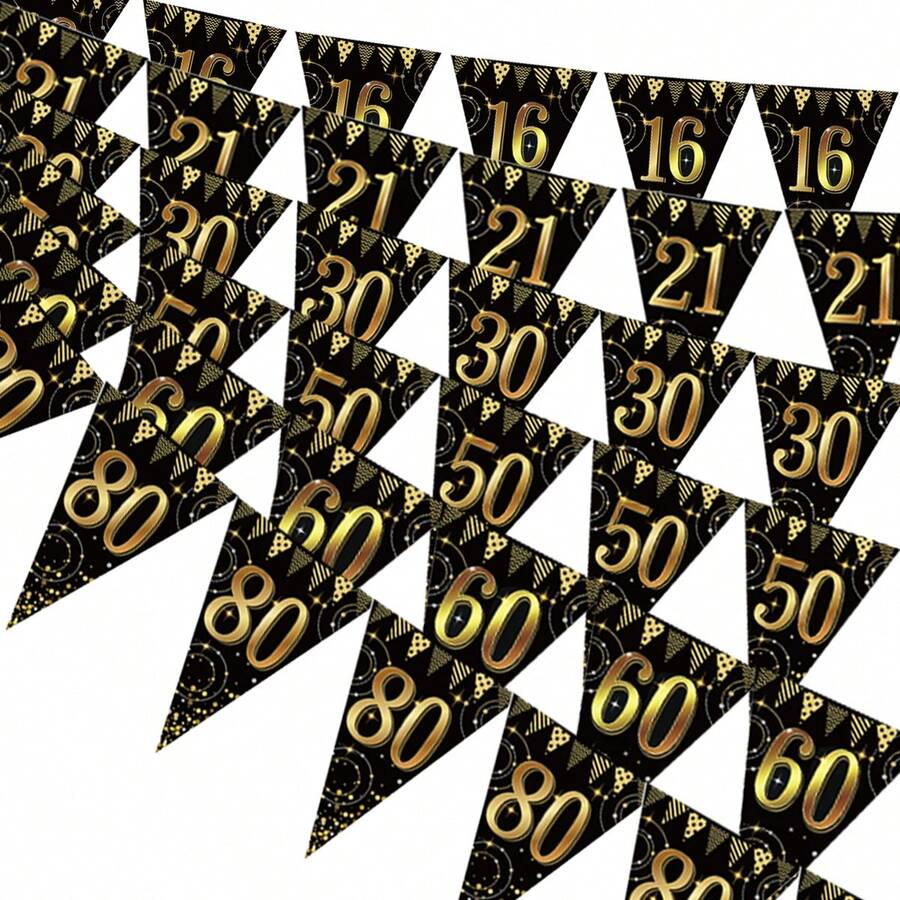 12 件/套黑色和金色主题生日派对装饰品 - 16 岁、18 岁、21 岁、30 岁、40 岁、50 岁、60 岁、70 岁、80 岁生日悬挂旗帜横幅