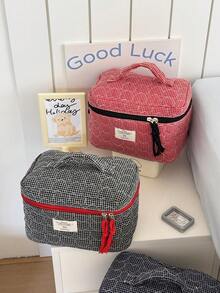 Quilted Heart Plaid Makeup Pouch, Fabric Soft Zipper Cosmetic Bag, Simplistic Plaid Design, Large Capacity, Suitable For Home, Travel, Daily Use Graduation - Multicolor - View 6