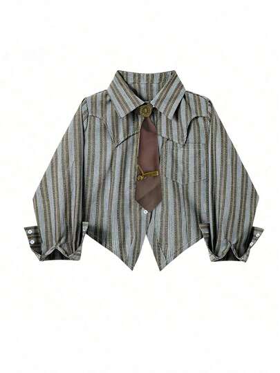 Camisa casual con corbata de cintura a rayas para estudiantes mujeres de moda