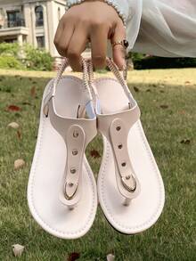 Women's Flat Slide Sandals, Solid Color Slip-On, Fashionable Versatile Boho Punk Style Rivet Decor - Beige - View 10