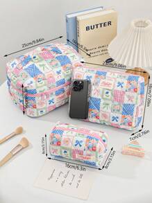 1 Piece Multi-Style Spliced Color Matching Cosmetic Bag With Bow Pattern, Girly Heart Design, Multifunctional Cosmetic Storage Bag,For Holiday Beach, Bathroom Collection, Bedroom Collection, Large Capacity