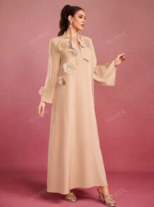 Women's Solid Color Flounce Collar, Handmade 3D Floral Decor, Long Sleeve Maxi Elegant Arabian Dress
