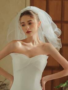 1件短款蓬鬆荷葉邊蝴蝶結新娘面紗髮夾，旅行攝影頭飾，婚紗配件 - 白色 - 查看 2