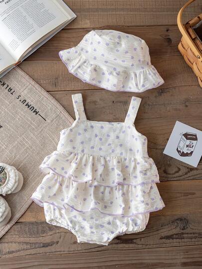 2pcs Set Newborn Baby Girl Cute Fashionable Heart Print Sleeveless Bodysuit And Hat, Summer