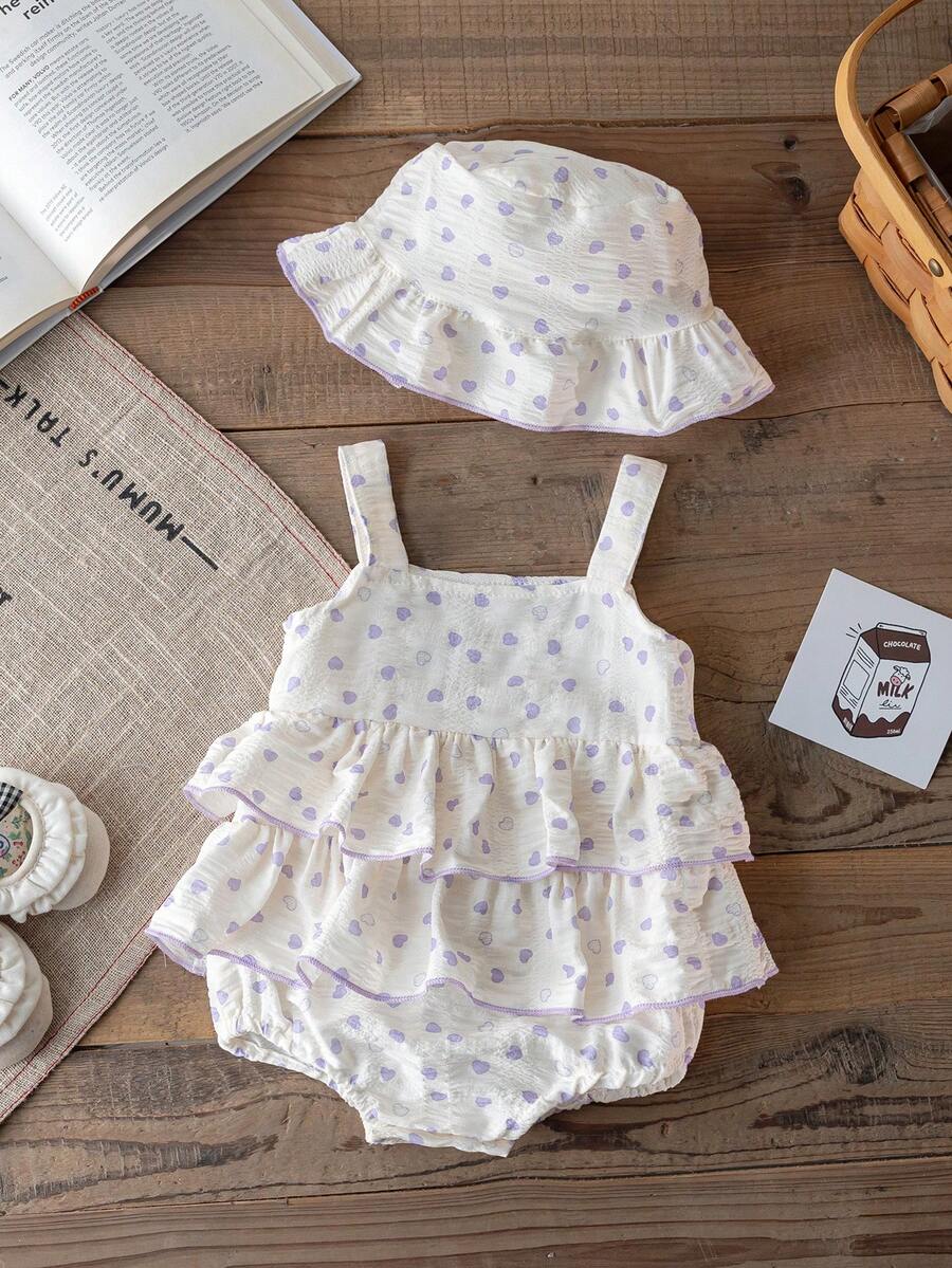 2pcs Set Newborn Baby Girl Cute Fashionable Heart Print Sleeveless Bodysuit And Hat, Summer