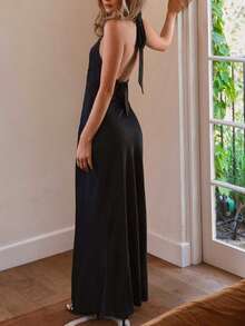 Women Halter Satin Maxi Dress Sleeveless Tie Up Backless V Neck Elegant Cocktail Dresses Wedding Guest Dress - 黑色 - 查看 3