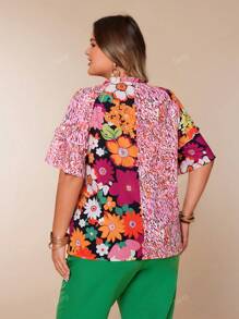 Plus Size Women's Cute Button Ruffle Short Sleeve Colorblocked Floral Print V-Neck Elegant Blouse For Summer