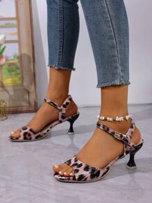 1 Paio di Eleganti Sandali con Tacco Alto in Finta Pelle con Stampa Leopardata e Fibbia, Comodi, Adatti per Matrimoni, Feste ed Estate