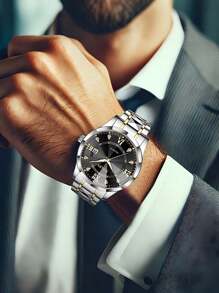 Reloj de cuarzo casual y de negocios para hombres con calendario, con correa de acero inoxidable. Adecuado para decoración de la vida diaria y regalos navideños.