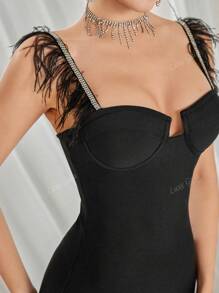 Feather Halter Rhinestone Skinny Wrap Hip Dresses Evening Party Gown, Wedding Guest Dress