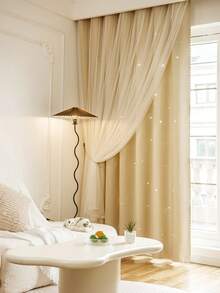 Hollow Star Sheer Curtain, Polyester With Lace Double Layer Curtain, Decorative Blackout Curtain For Living Room Bedroom, Cute Style - Cream Color - View 9