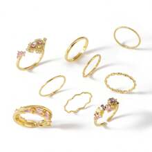 9pcs Delicate Sparkling Copper Electroplated 18K Gold Cubic Zirconia Colorful Geometric Heart Shaped Ring Set, Women Stacking Rings, Knuckle Rings, Daily Jewelry, Gift For Friends