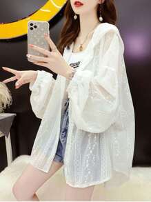 Women's Tops - Lightweight Lace Hooded Cardigan, Summer Chiffon UV Protection Jacket, UV Protection Jacket For Cooling, Breathable Polyester Blend (White Flower Print), UV Protection Effect
