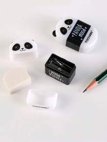 1/24pcs Panda Mood Eraser With Pencil Sharpener Rubber, 2 In 1 Cleaning Tools For Student Back To School - Black and White - View 5