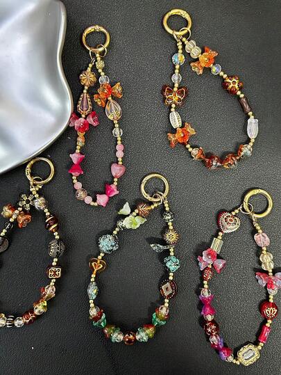 Vintage Beauty Beaded Phone Strap, Boho Style Unique Design Fashion Handbag/Key Chain Accessory For Women
