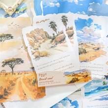 30 Sheets/Pack Self-Adhesive White Matte Finish Rectangular Disposable Office And Study Supplies, Travel Theme Paper