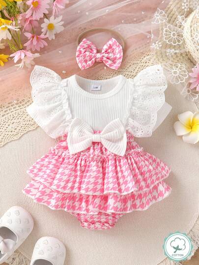 2pcs Set Casual Elegant Sweet Cute Baby Girl Dress Bodysuit, Soft Breathable Comfortable, Bow Decor Embroidery Lace Trim Houndstooth Ruffle Layered Dress Bodysuit And Headband