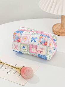 1 Piece Multi-Style Spliced Color Matching Cosmetic Bag With Bow Pattern, Girly Heart Design, Multifunctional Cosmetic Storage Bag,For Holiday Beach, Bathroom Collection, Bedroom Collection, Large Capacity