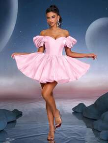 Vestido de fiesta con mangas abullonadas, adecuado para festivales de música, graduaciones, homecomings, fiestas y eventos de cóctel - Rosa - Ver 2