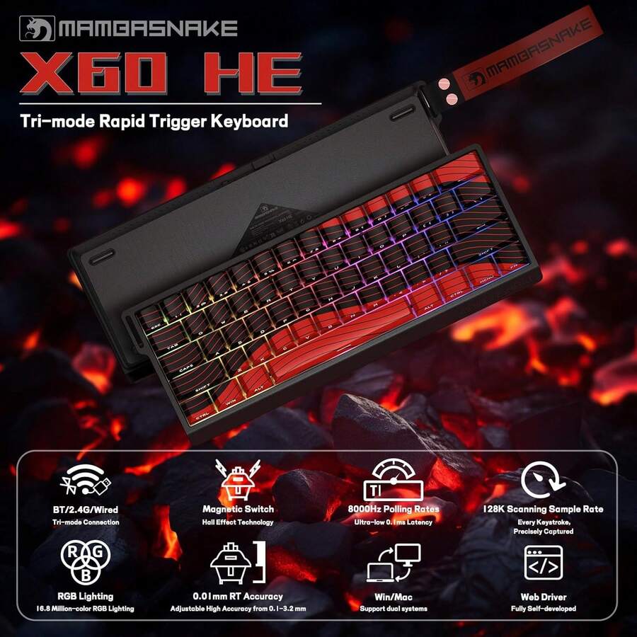 LexonTech MAMBASNAKE X60 HE 磁力开关键盘和 X11 机械游戏键盘和鼠标组合，60% 3 模式快速触发磁力开关，8K，59g 轻量级鼠标带 RGB 充电底座，22K，PAW3311，适用于 Win 的卷线