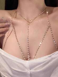 1pc Rhinestone-Studded Body Chain Necklace, Fashionable & Sensual, Suitable For Women Daily Wear - Gold - View 2