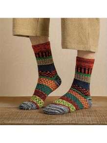 5 Pairs Of Men's Retro Striped Mid Tube Socks, Comfortable And Thick Sports And Leisure Socks, Long Tube Socks, Suitable For Outdoor Daily Wear In Both Spring And Autumn For Men And Women