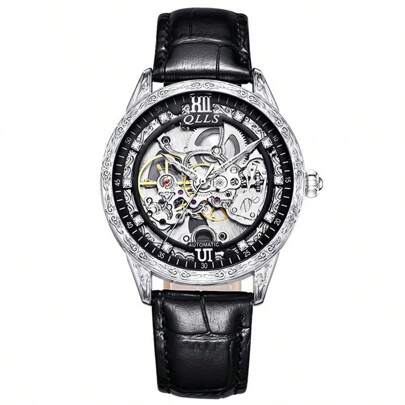 Mens Mechanical Watch Retro Carved Automatic Watches Hollow Diamond Inlaid Men Wristwatch Clock Silver