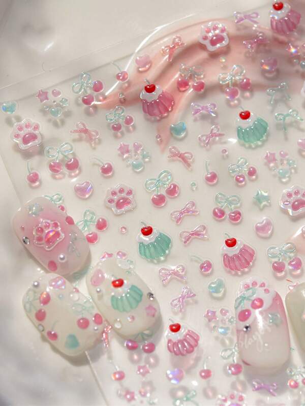 1 pièce Autocollants d'ongles d'été 5D en gelée, autocollants d'ongles de pudding de cerise de luxe et mignons, autocollants d'art des ongles auto-adhésifs, conception d'ongles DIY, autocollants de décoration d'art des ongles