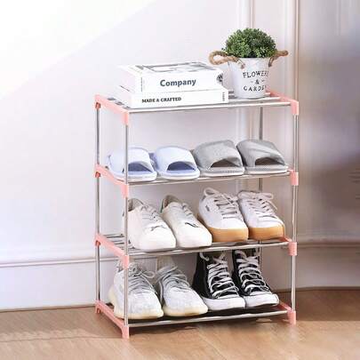 Estantería para zapatos rosa simple de 4 niveles, organizador de almacenamiento para el hogar