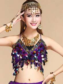 Women Glitter Sequins Circle Tassels Halter Neck Padded Belly Dance Crop Top - Multicolor - View 30