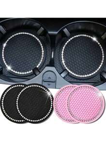 2pcs Crystal Studded Car Cup Holder Coasters, Round Silicone Anti-Slip Heat Insulation Mat, Car Accessories With Rhinestone Decor