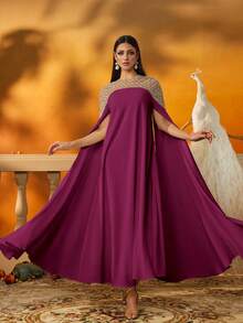 AmazingHoney 优雅的洋红色斗篷袖卡夫坦连衣裙，金色装饰领口，飘逸的 A 字形迪拜女士长袍，端庄的开斋节服装，伊斯兰派对礼服，迪拜风格卡夫坦，穆斯林长裙