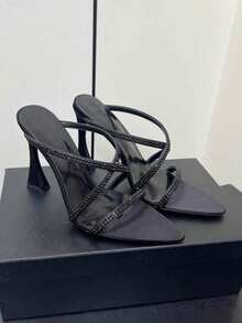 Women's Summer New Rhinestone Brown Thin High Heel Sexy Satin Open Toe Strappy Cross Strap High Heel Sandals - Black - View 4