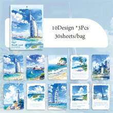 30 Sheets/Pack Self-Adhesive White Matte Finish Rectangular Disposable Office And Study Supplies, Travel Theme Paper