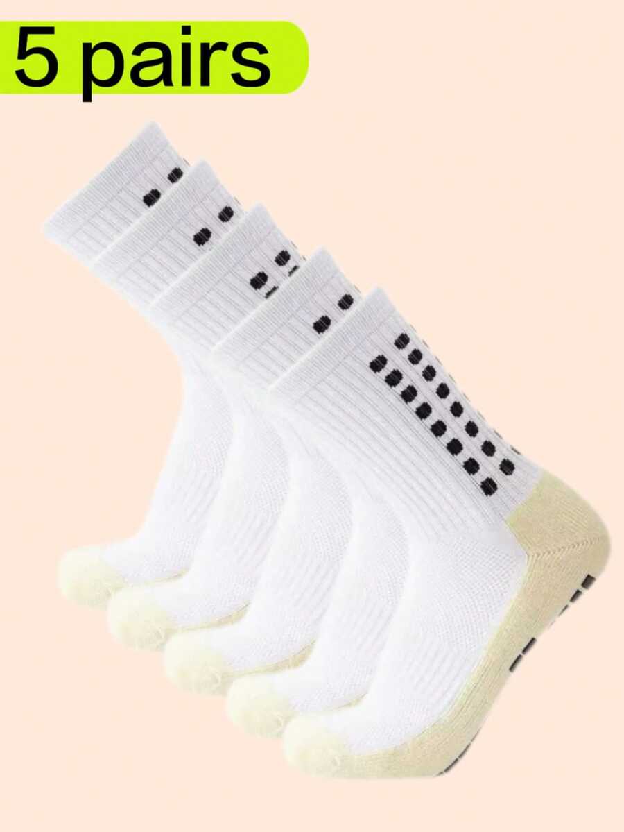 5 双成人足球袜，中筒长度，防滑，减震，加厚毛圈鞋底，男士运动袜，秋季 - 白色 - 查看 1