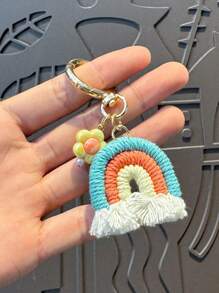 1pc Woven Rainbow Flower Pendant Keychain, Decoration For Girls Backpack & Handbag