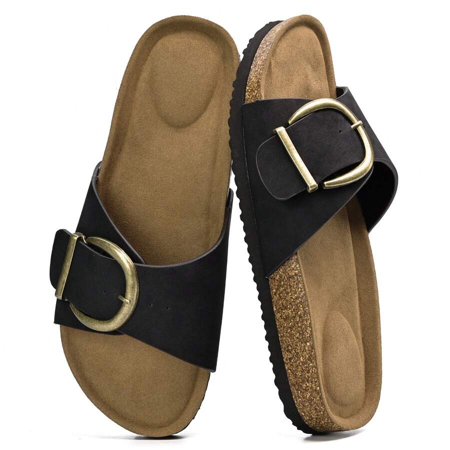 Women Sandals Summer Slip On Cork Footbed Adjustable Buckle Casual Comfort - 黑色 - 查看 1