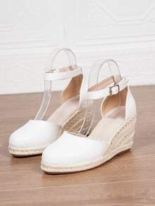 Women Faux Leather Wedge Sandals, 3.15in High Heel White Round Toe Mule Vacation Shoes, Comfortable Woven Beach Soles Slip-On Shoes