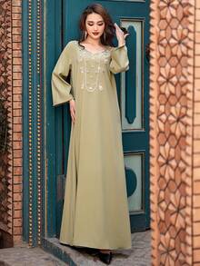 فستان طويل فضفاض بياقة على شكل حرف V مزين بالراين جديد 5214، متوافق مع المتطلبات الشرقية المحتشمة