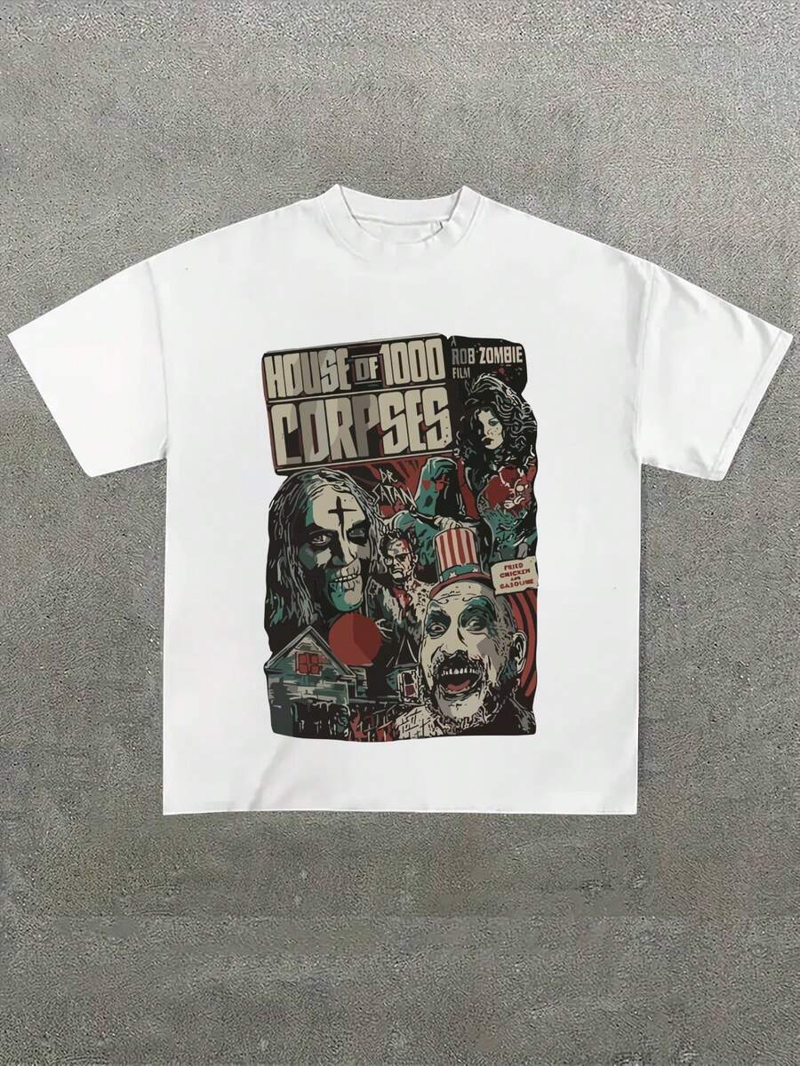 Para hombre,Camiseta Sudadera Con Capucha Y Manga Larga De Pollo Frito Y Gasolina De La Casa De Los 1000 Cadáveres (2021) ,Casual impresión digital 220g puro pesado 100% algodón camiseta, cuello redondo de verano, unisex - Blanco - Ver 1