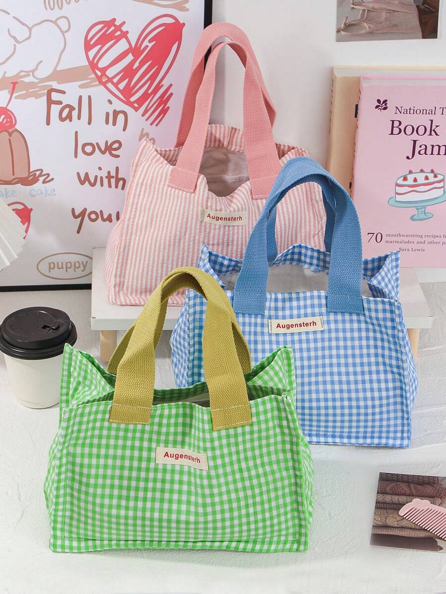 1 pieza Bolsa de almuerzo de color fresco con cuadrícula, caja de almuerzo reutilizable con asa, bolsa de almuerzo con gran capacidad para campamento, senderismo, salidas de primavera, picnics, bolsa portátil de almacenamiento de alimentos, bolsa de almuerzo linda para mujer, maestro, estudiante, trabajador de oficina