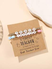 2pcs/Set Teacher's Day Bracelet Set, Fashion Soft Clay CCB Resin Wood Bead & Letter ''INSPIRE TEACH'' Bracelet, Suitable For Daily Wear And Gifting