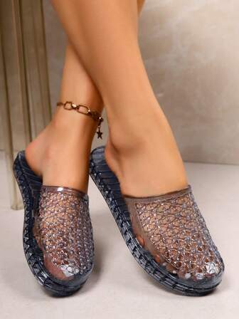 女士水晶透明果冻镂空防滑休闲时尚拖鞋，夏季百搭