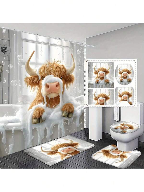 1/4 Pcs Highland Cow Bathroom Set - Shower Curtain, Bath Mat And Toilet Seat Cover - Adorable Farm Animal Design Bathroom Decor Fall Decor Bathroom Accessories Back To School