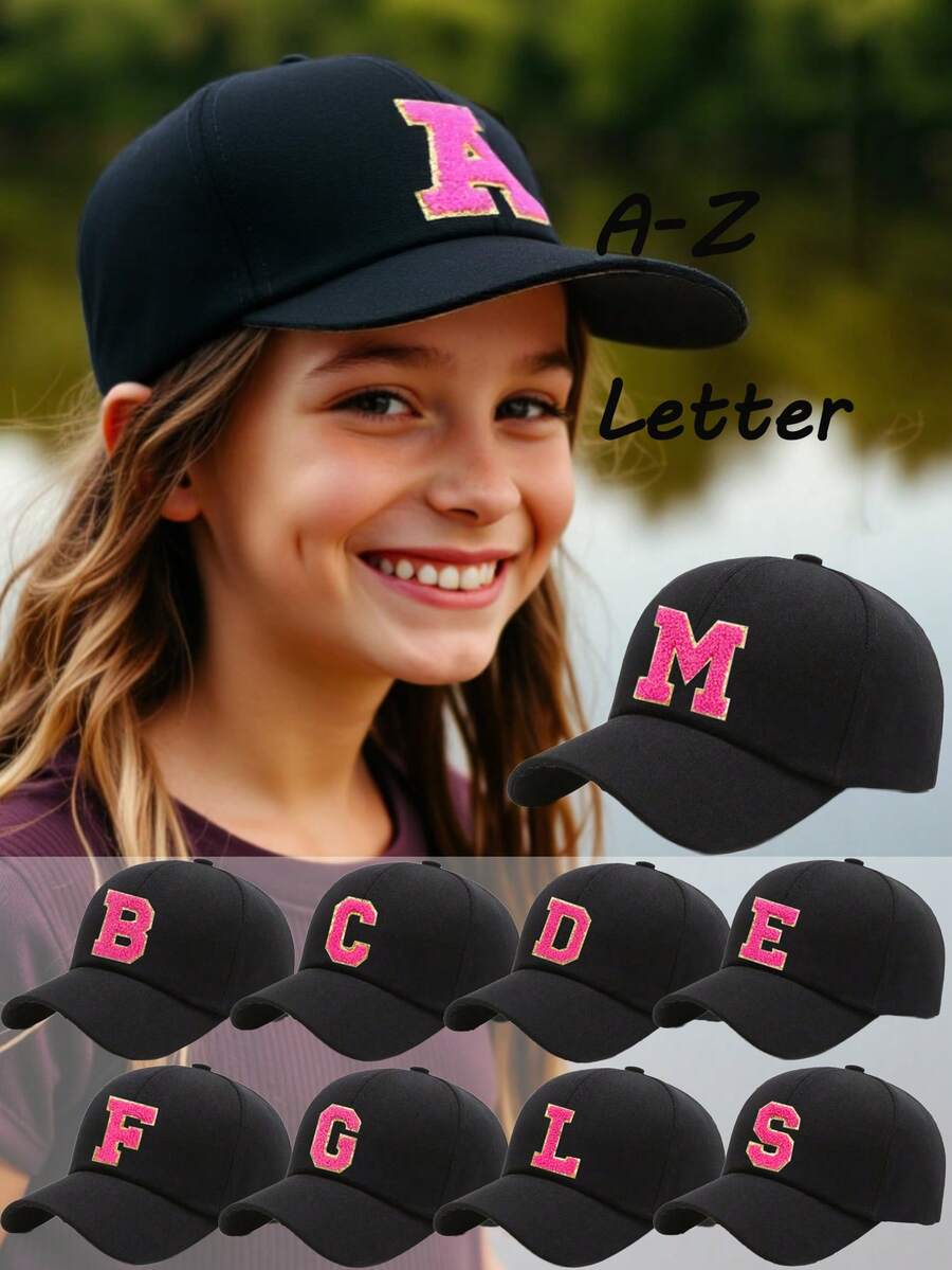 1 pièce Casquette de baseball réglable avec lettres de l'alphabet brodées pour enfants, chapeau de soleil décontracté unisexe, blanc os, pour les 8-16 ans - Noir - Voir 1