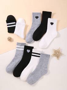 9 pares de calcetines cortos para niños y niñas de color negro, blanco y gris con barras dobles, corazón y unicolor, adecuados para el atuendo diario en cualquier época del año