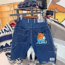 2025 Retro Street Hip Hop Cartoon Embroidery Casual Loose Straight Denim Shorts Cropped Pants Summer - Blue - View 1