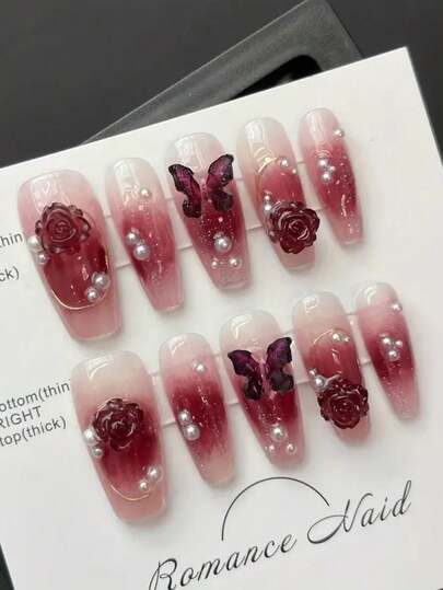 10 件复古温柔优雅勃艮第立体花朵蝴蝶中长新年美甲，适合女孩/女性、女演员、舞台表演、节日、派对、婚礼、日常穿着、母亲节首选礼物按压指甲美甲用品指甲