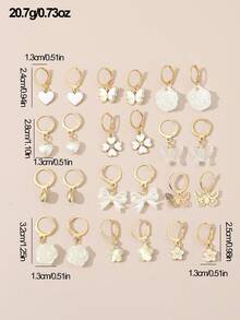 12pairs Pearl Bowknot Flower Heart Earrings For Girls, Creative Design And Lovely Jewelry - Gold - View 6