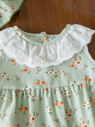 2件套新生女宝宝可爱时尚无袖连体衣和帽子套装，夏季